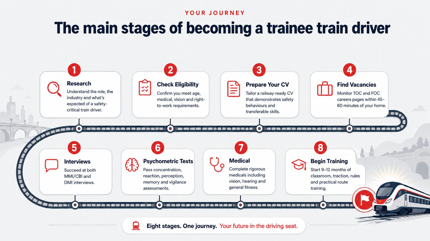The 8 main stages of becoming a UK trainee train driver — from research through to first day of training